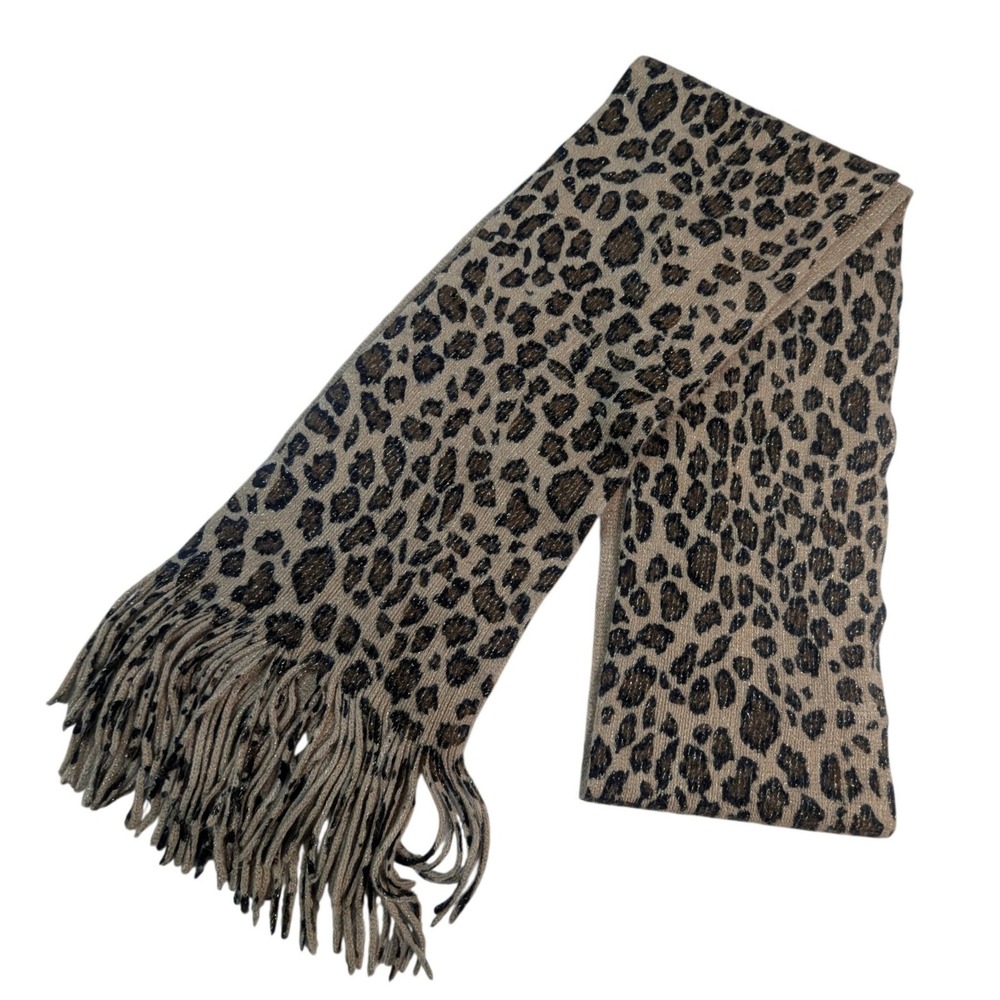 Cejon‎ Leopard Print Scarf With Fringe Metallic Accents One Size